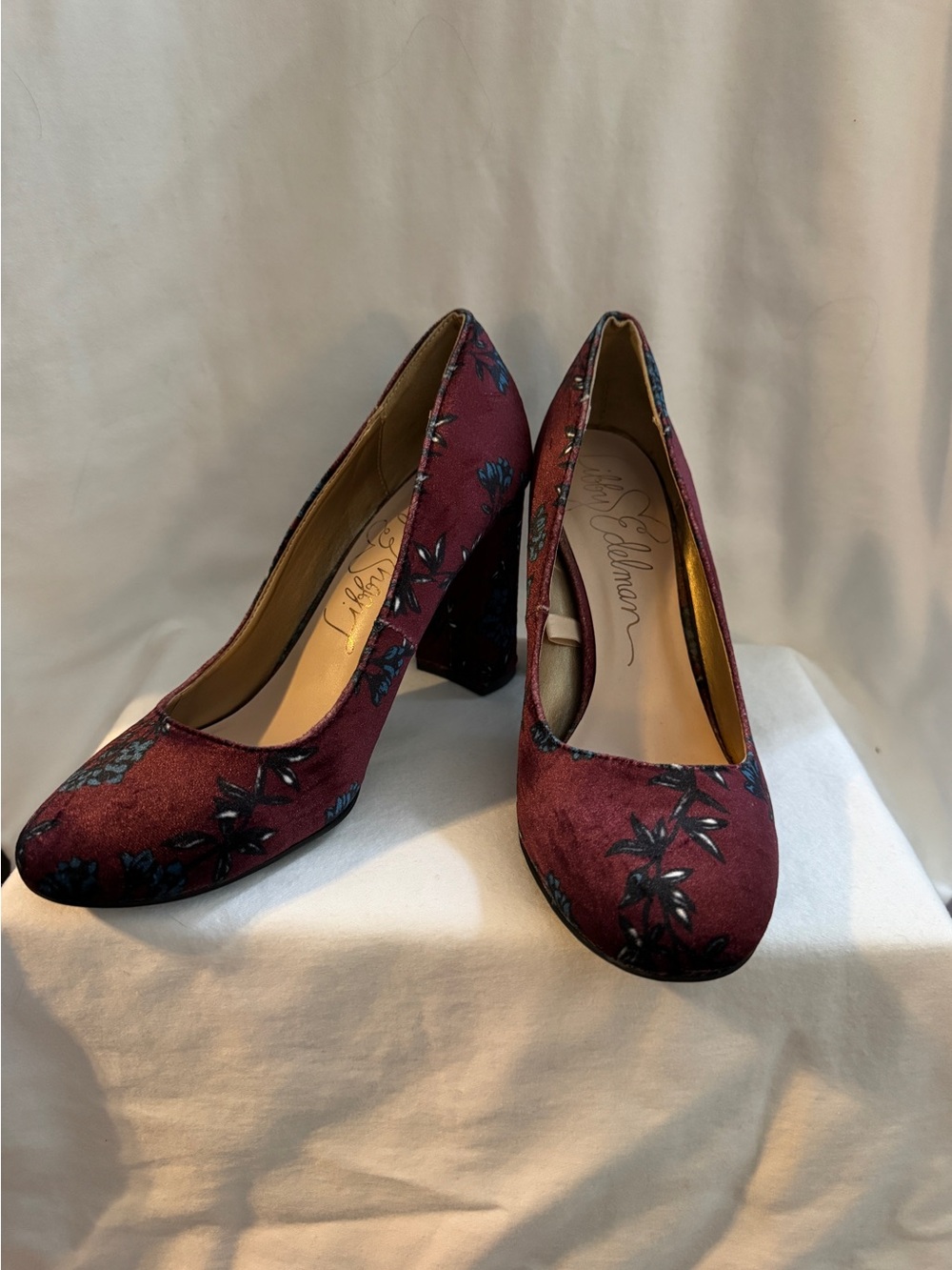 Velvet floral block heels